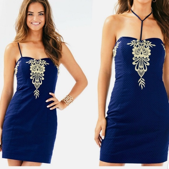 Lily Pulitzer NWT Elegant Navy Blue Dress with Intricate gold Embroidery - Picture 9 of 12